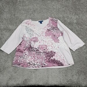 Karen Scott Woman 2X Pink Floral Paisley Mixed Print 3/4 Sleeve Cotton Top